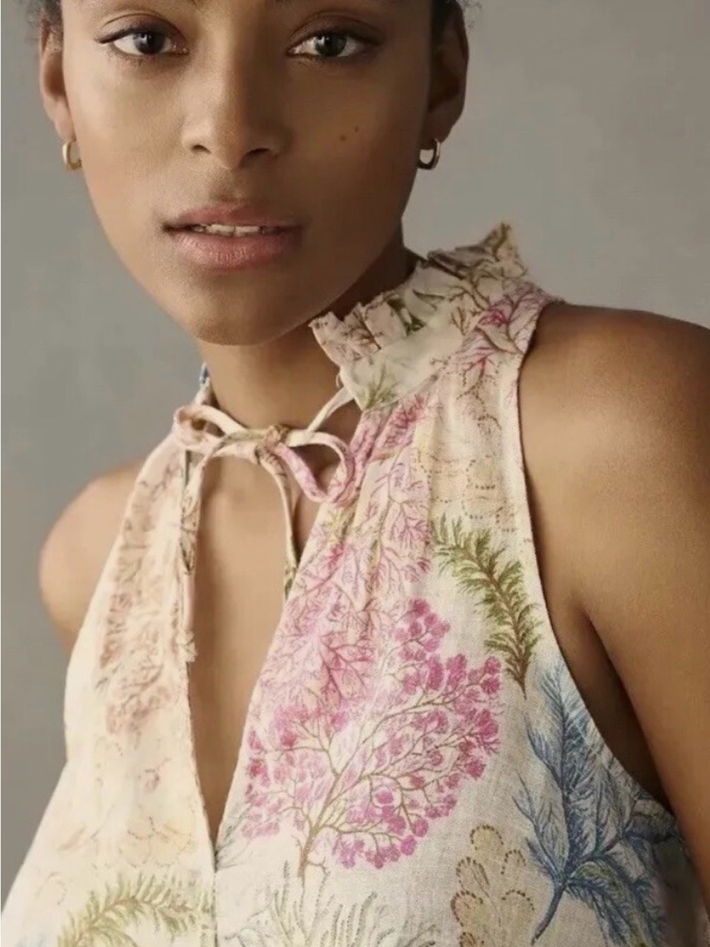 Anthropologie Pilcro Tavi Linen Botanical Print Top Tie Neck size medium